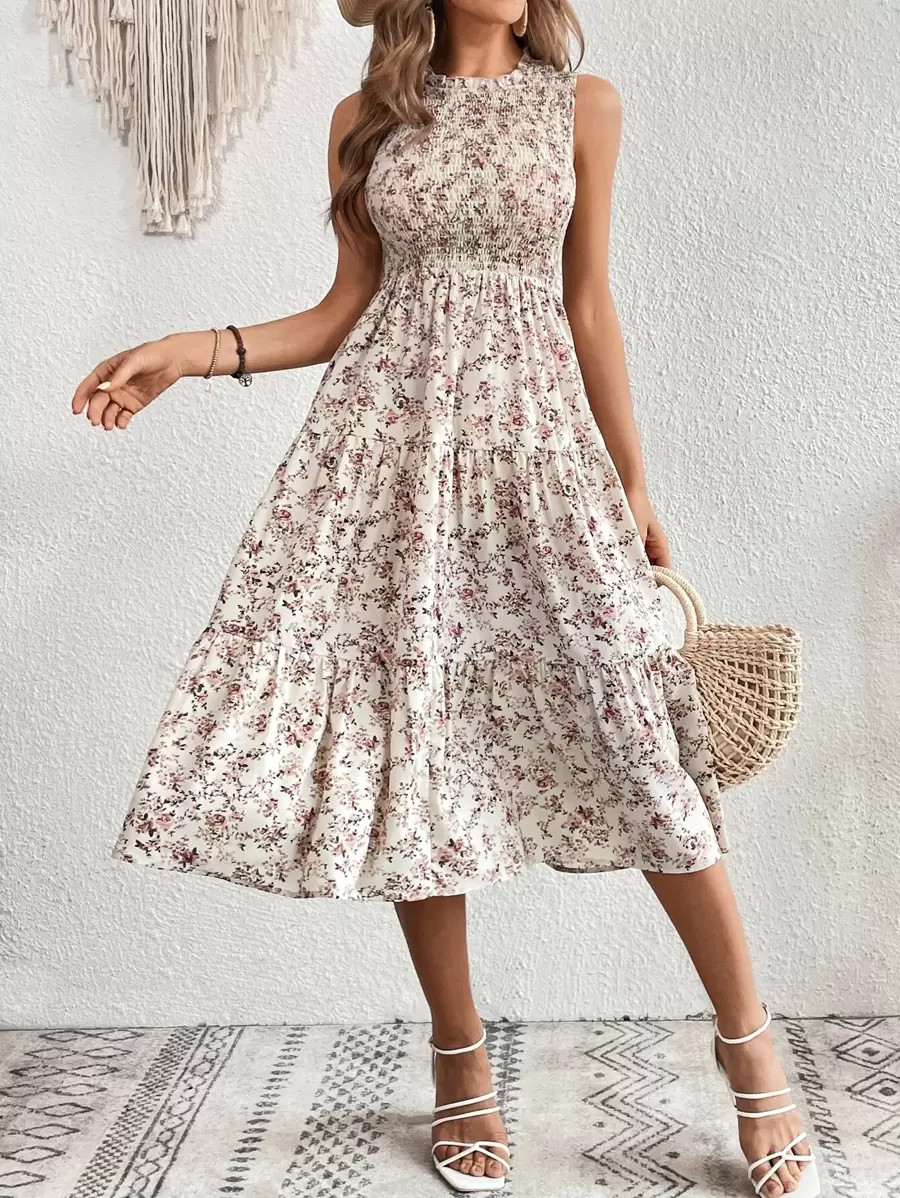 EMERY ROSE Allover Floral Print Layered Hem Dress Maxi Vacation Beach Outfits Women | SHEIN