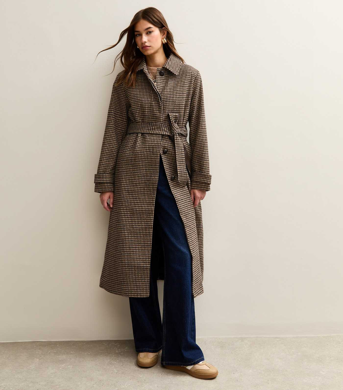 Brown Checked Belted Longline Coat | New Look | New Look (UK)