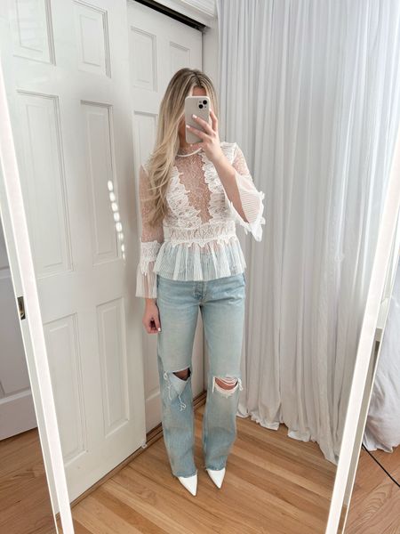 In love with this top, wearing size 2 and 26 in jeans 🤍🦢 Valentine’s Day outfit, vacation outfit, dress, jeans, date night outfit, Easter outfit, spring outfits, white lace top

#LTKMostLoved #LTKfindsunder100 #LTKstyletip