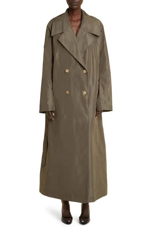 The Row Cadel Oversize Polyester & Silk Double Breasted Trench Coat in Moss Green at Nordstrom, Size X-Large | Nordstrom