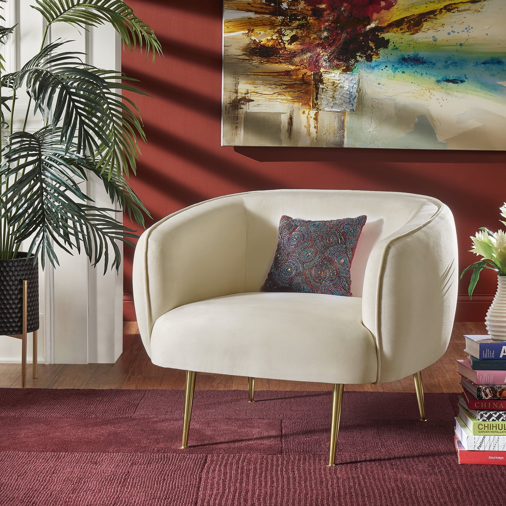 Ember Interiors Cuno Brass Finish Velvet Upholstered Accent Chair, Beige - Walmart.com | Walmart (US)