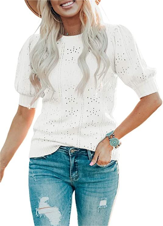 Foshow Womens Puff Short Sleeve Sweaters Tops Summer Soft Crew Neck Dot Pullover Shirt Lightweigh... | Amazon (US)