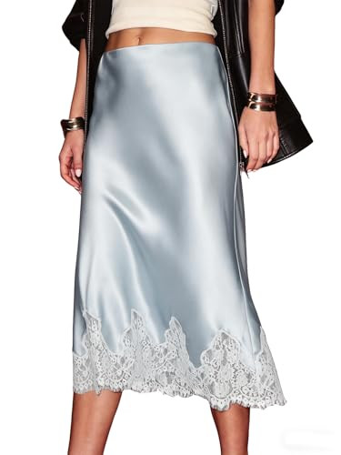 Women's Satin Skirts High Waist Silk Midi Skirt Summer Lace Trim Flowy Cocktail Party A Line Skir... | Amazon (US)