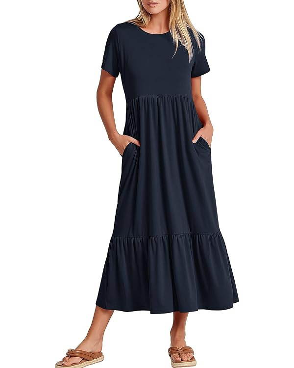 ANRABESS Women's Summer Casual Short Sleeve Crewneck Swing Dress Flowy Tiered Maxi Beach Dress wi... | Amazon (US)