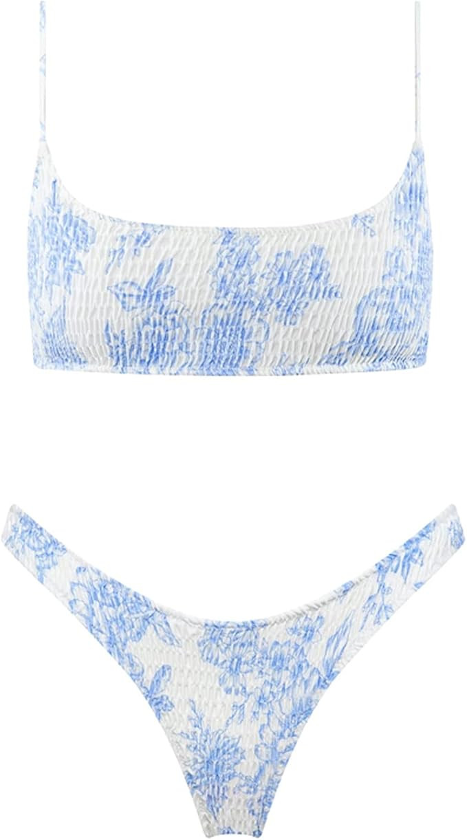 VOLAFA Women's Triangle Bikini Smocked Textured Scoop Frilled Print Ruched Elastic Swimsuit Two P... | Amazon (US)