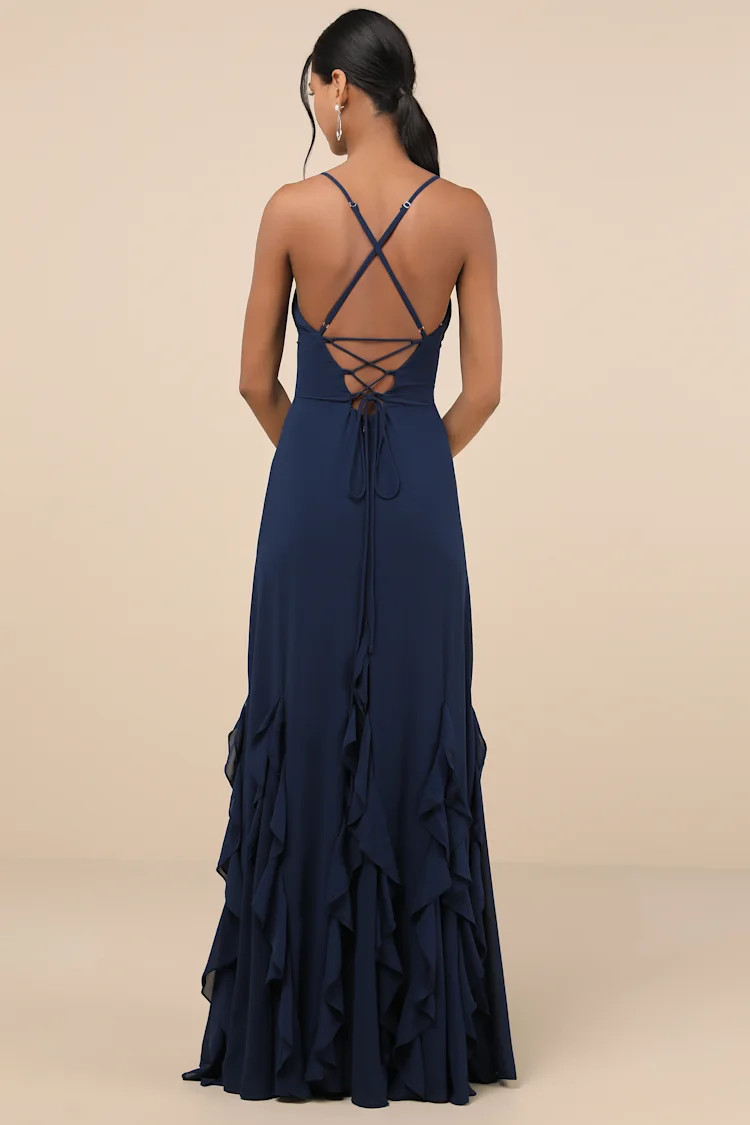 Priela Dark Navy Ruffled Lace-Up Maxi Dress | Lulus