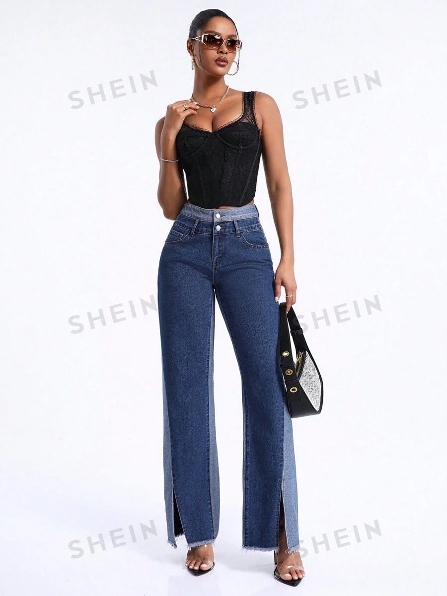 SHEIN BAE Women's Contrast Color Split Wide-Leg Jeans | SHEIN
