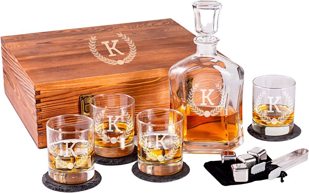 Engraved Liquor Whiskey Decanter Set with Scotch Glasses for Men - 9 Design Options - Personalize... | Amazon (US)
