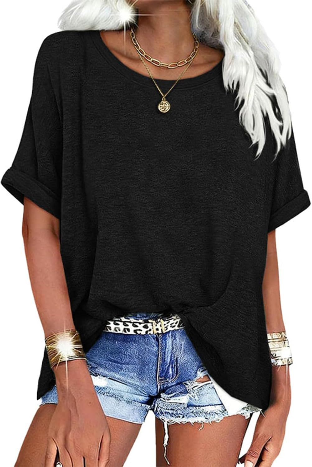 Womens Oversized Round Neck Shirts Summer Casual Loose Tops 2026 Short Sleeve Workout T-Shirts | Amazon (US)