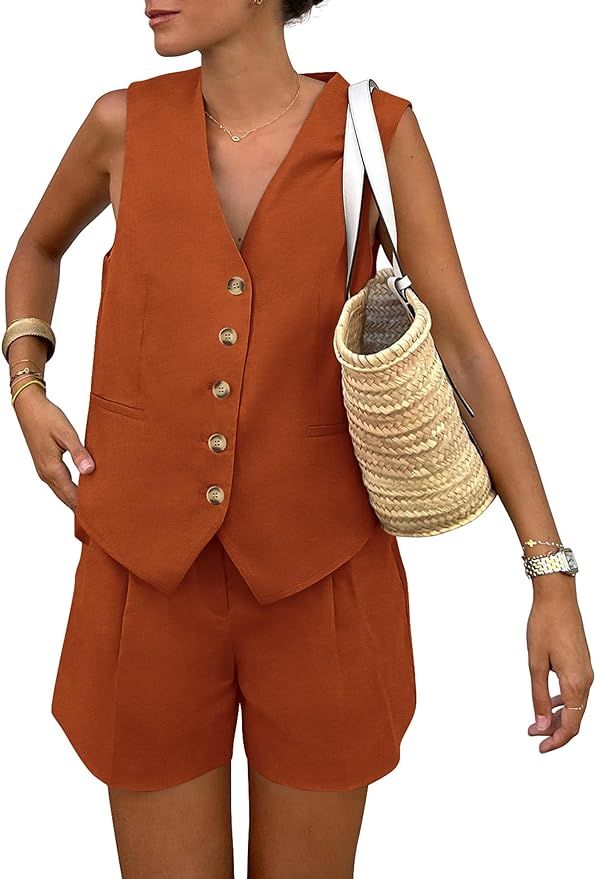 PRETTYGARDEN Women's Summer 2 Piece Outfits Sleeveless Matching Sets Button Down V Neck Vest Wais... | Amazon (US)