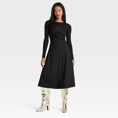 Women's Long Sleeve Twist-Front Midi Dress - A New Day™ Black M | Target