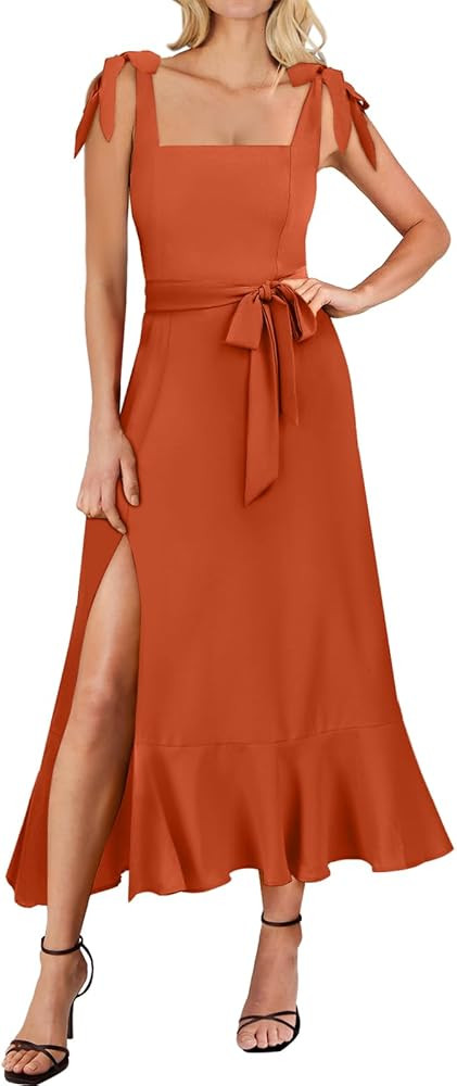 ANRABESS Women's Square Neck Ruffle Split Midi Elegant Formal Wedding Guest Cocktail Bridesmaid G... | Amazon (US)