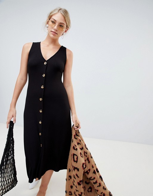 Stradivarius button up ribbed jersey midi dress | ASOS US