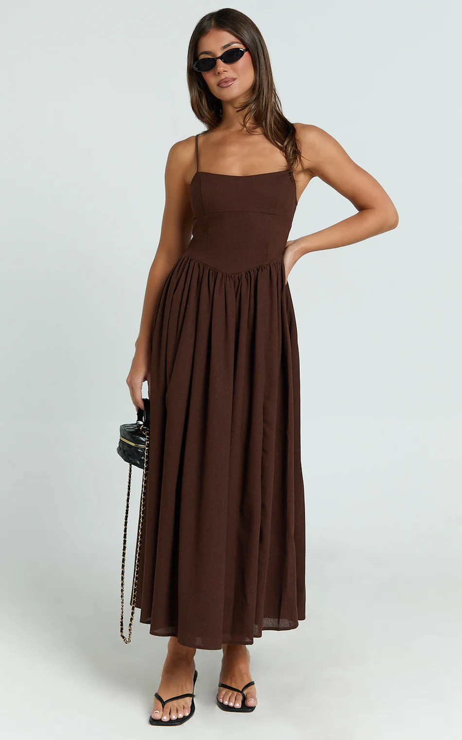 Morris Midi Dress - Linen Scoop Neck Gathered Dress in Chocolate | Showpo (ANZ)