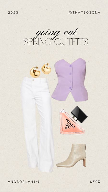 Spring Going Out Outfits, spring fashion, bustier tops, vest tops, white denim, prada Paradoxe, puff gold earrings

#LTKstyletip #LTKunder100 #LTKSeasonal