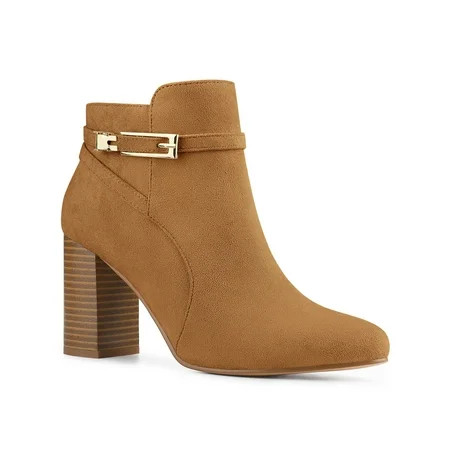 BLISSFUL STEP Ankle Boots Solid Round Toe Side Zip Buckle Heels Brown 7.5 | Walmart (US)