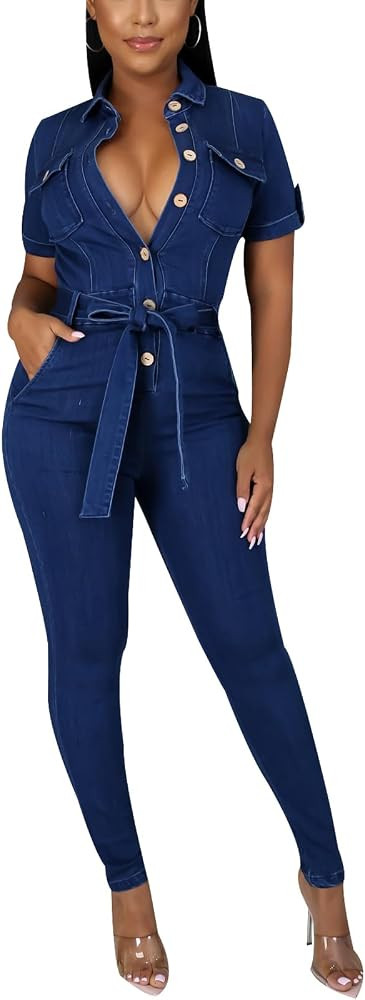 Women's Sexy Bodycon Jumpsuits V Neck Long Sleeve High Waisted Slim Fit Long Romper with Pockets ... | Amazon (US)