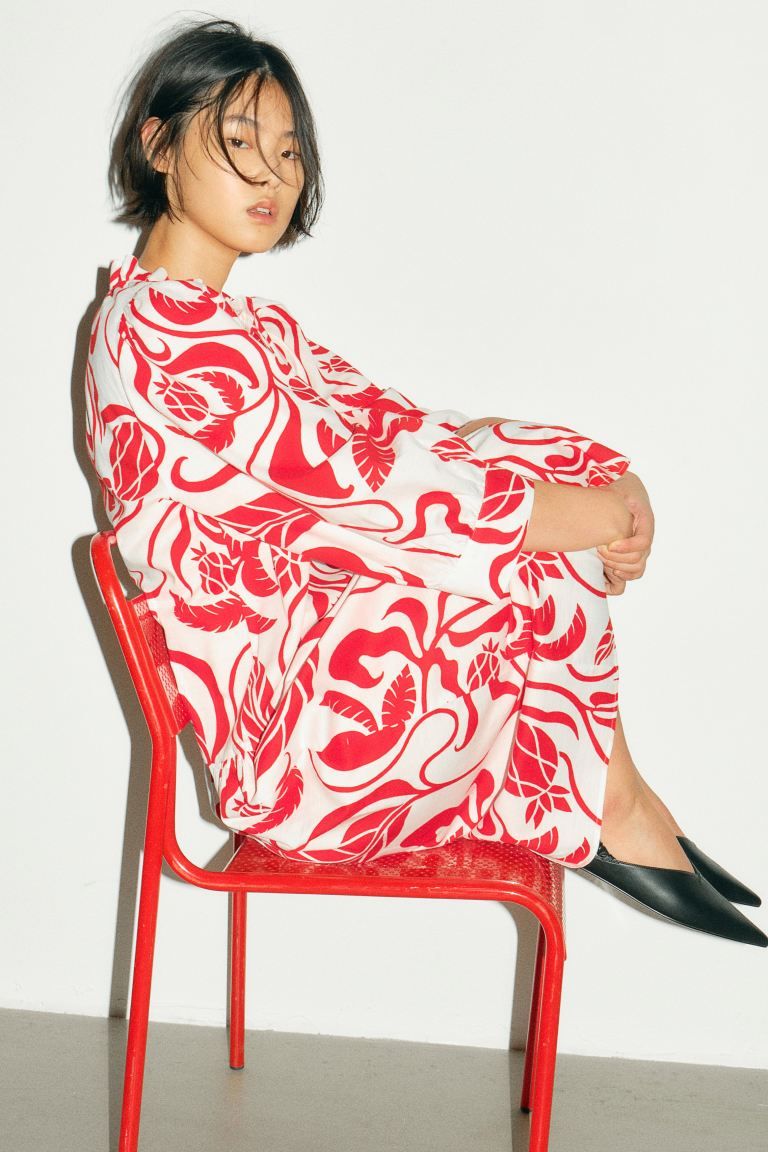 Ruffle-collar Dress - White/red patterned - Ladies | H&M US | H&M (US + CA)