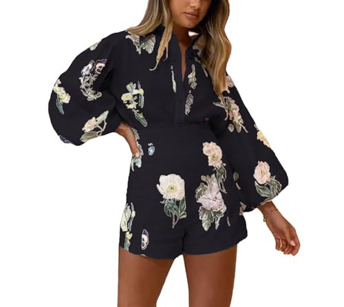 Molilove Womens 2 Piece Outfit Hawaiian Long Sleeve Button Down Shirt and Shorts Tracksuit Lounge Set,Black,Medium | Amazon (US)