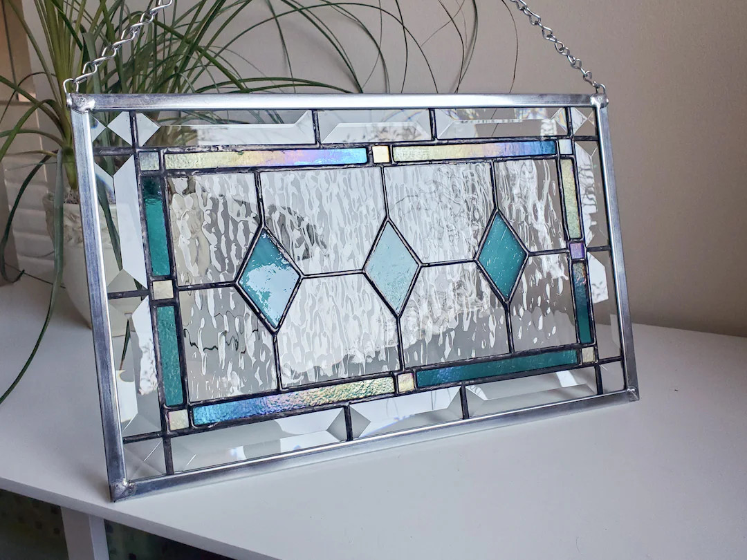 Iridescent Teal Stained Glass Panel - Home Decor - Etsy | Etsy (US)