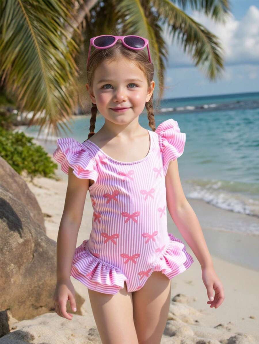 SHEIN Young Girl Pink Bow Stripe Print Ruffle One-Piece Swimsuit,Girls Cute Beachwear Summer Holi... | SHEIN