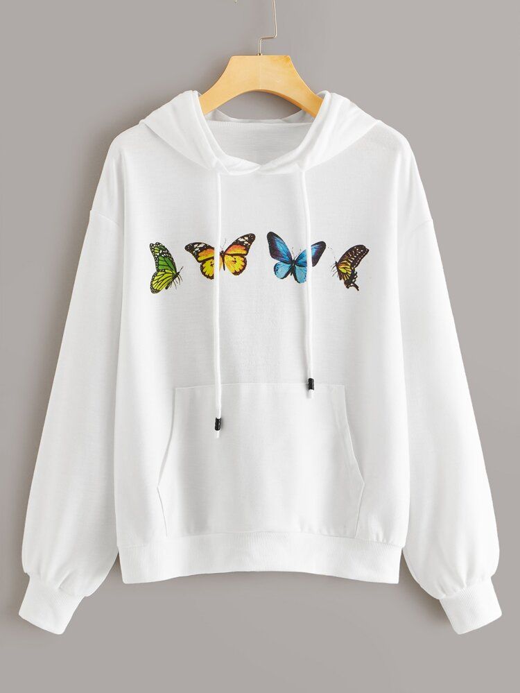 Butterfly Print Kangaroo Pocket Hoodie | SHEIN