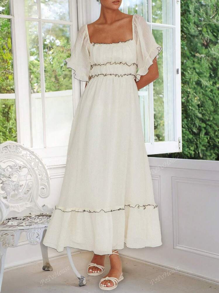 Women's Dress Summer Vacation Casual Color Contrast Skirt With Ruffled Puffy Sleeves | SHEIN