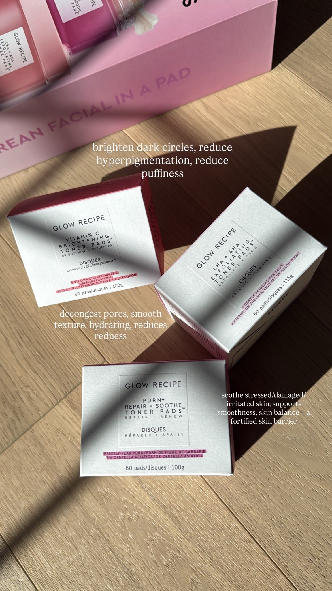 Newest glow recipe drop!! I’m so excited to try it! 

Each toner pad is designed to target and support your skin needs🩷

VITAMIN C BEIGHTENING TONER PADS (brightening + depuffing)
brighten dark circles, reduce hyperpigmentation, reduce puffiness

LHA + AGAIN EXFOLIATING TONER PADS (exfoliate + glow)
decongest pores, smooth texture, hydrating, reduces redness

PDRN + REPAIR + SOOTHE TONER PADS (repair + renew)
soothe stressed/damaged/ irritated skin; supports smoothness, skin balance + a fortified skin barrier

Which one are you going to try!?

Korean skin care in a pad, Korean skin care, skin care, new in skin care, glow recipe.

#LTKBeauty #LTKselfcare #LTKOver40