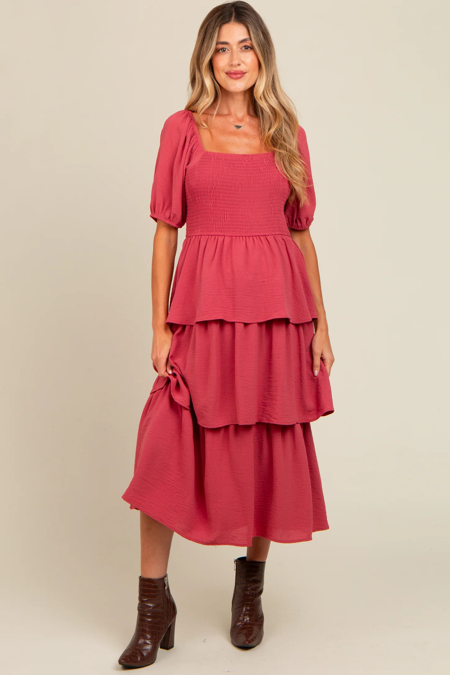 Magenta Smocked Body Ruffled Tiered Maternity Midi Dress | PinkBlush Maternity