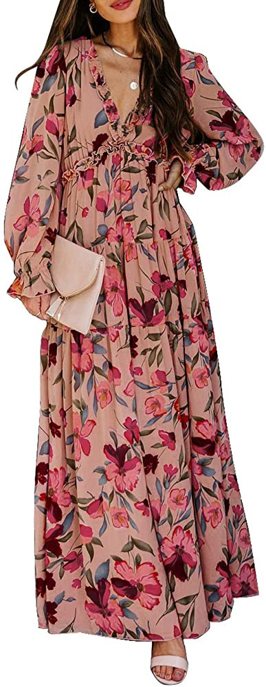 BLENCOT Womens Casual Floral Deep V Neck Long Sleeve Long Evening Dress Cocktail Party Maxi Weddi... | Amazon (US)
