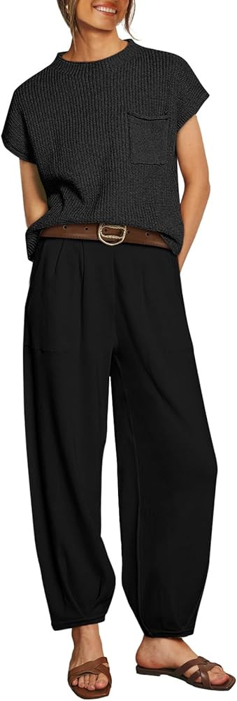 LILLUSORY 2 Piece Outfits For Women Trendy Lounge Sets Cozy Knit Sweater Short Sleeve Fashion Lou... | Amazon (US)