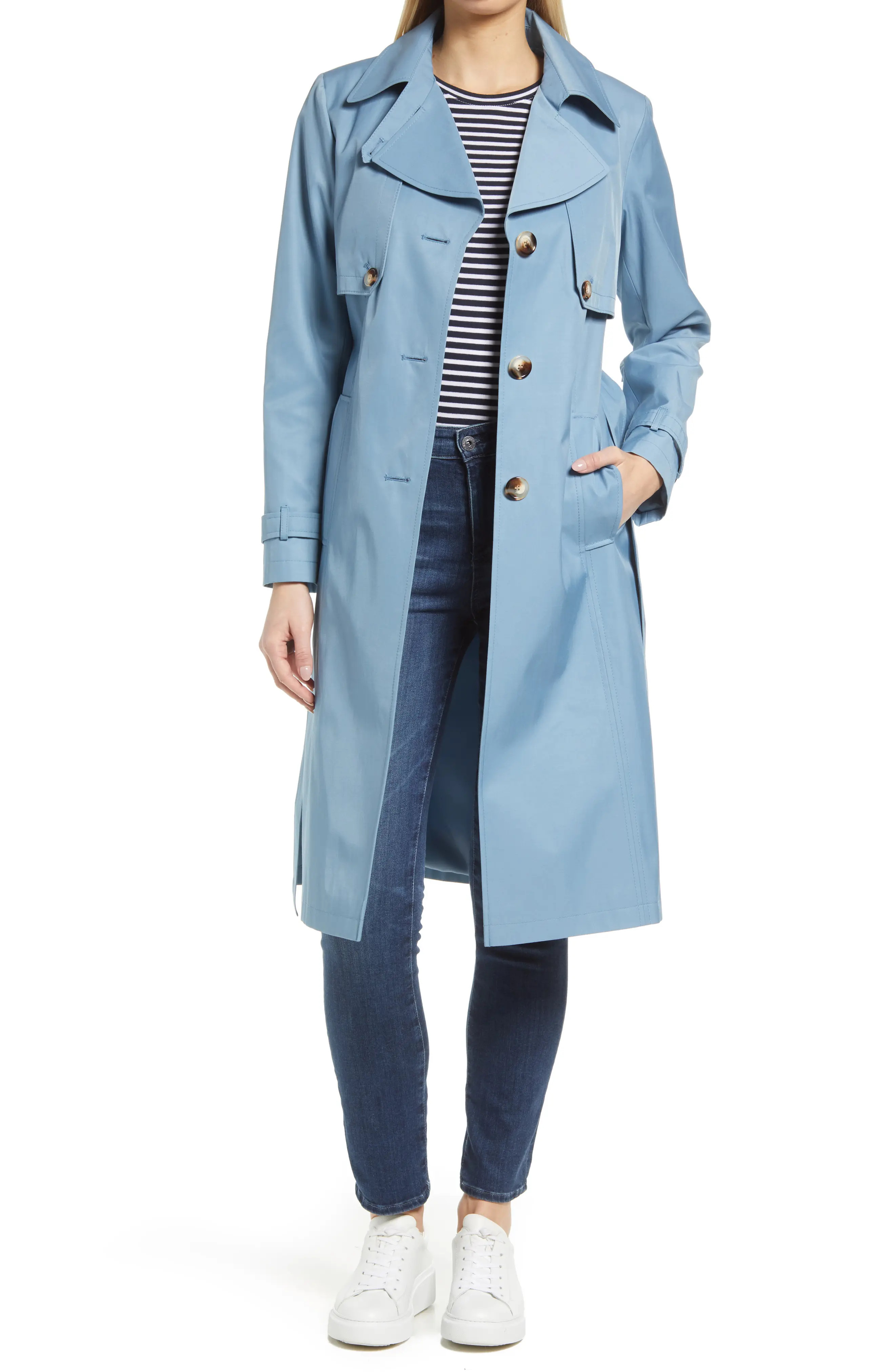 Sam Edelman Water Repellent Elongated Cotton Blend Trench Coat in Blue at Nordstrom, Size X-Small | Nordstrom
