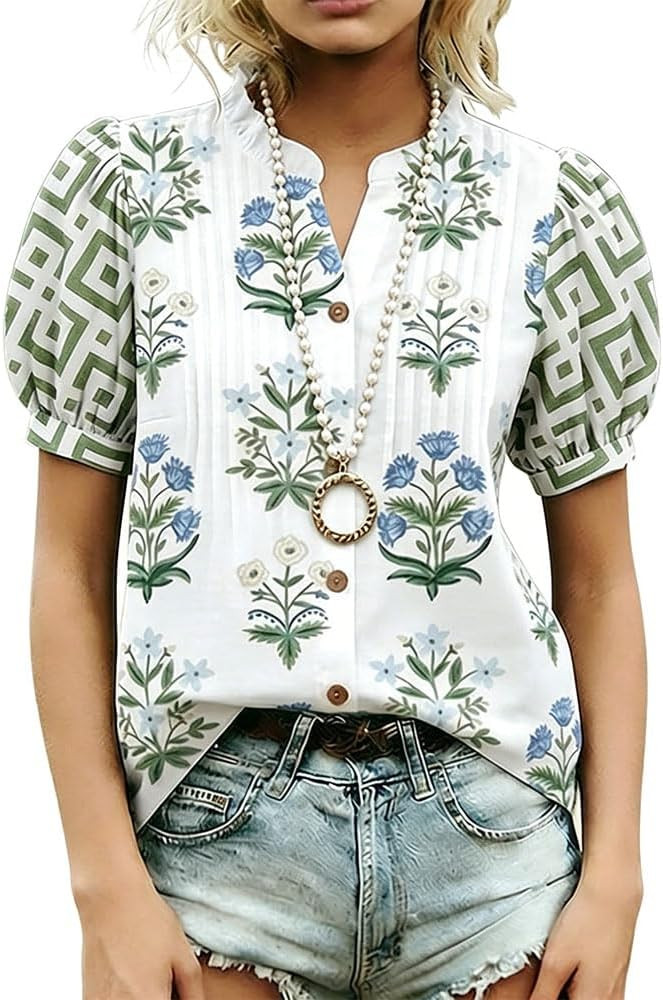 Women Mixed Floral Print Puff Sleeve Cotton Boho Blouse     Pure Cotton Fabric,Ruffle Neck Cut,Mi... | Amazon (US)