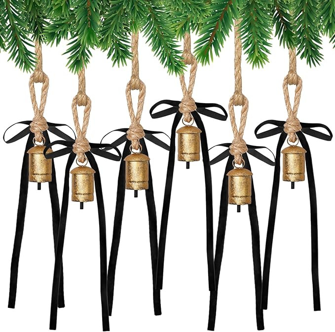 6 Pcs Rustic Gold Bells with 6 Pcs Black Velvet Bows Mini Handmade Hanging Ornament Decorative An... | Amazon (US)