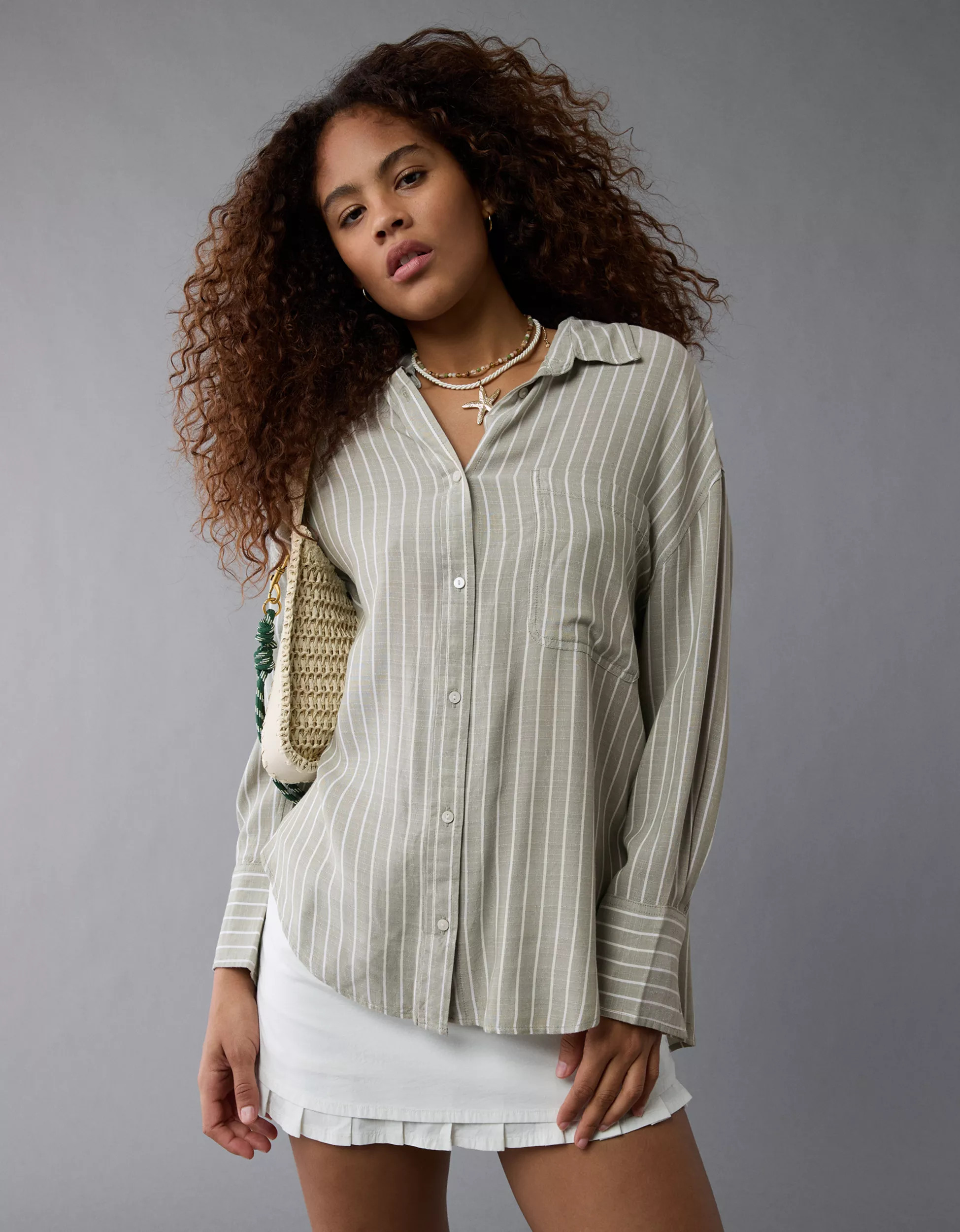 AE Long-Sleeve Tie Back Button-Up Shirt | American Eagle Outfitters (US & CA)