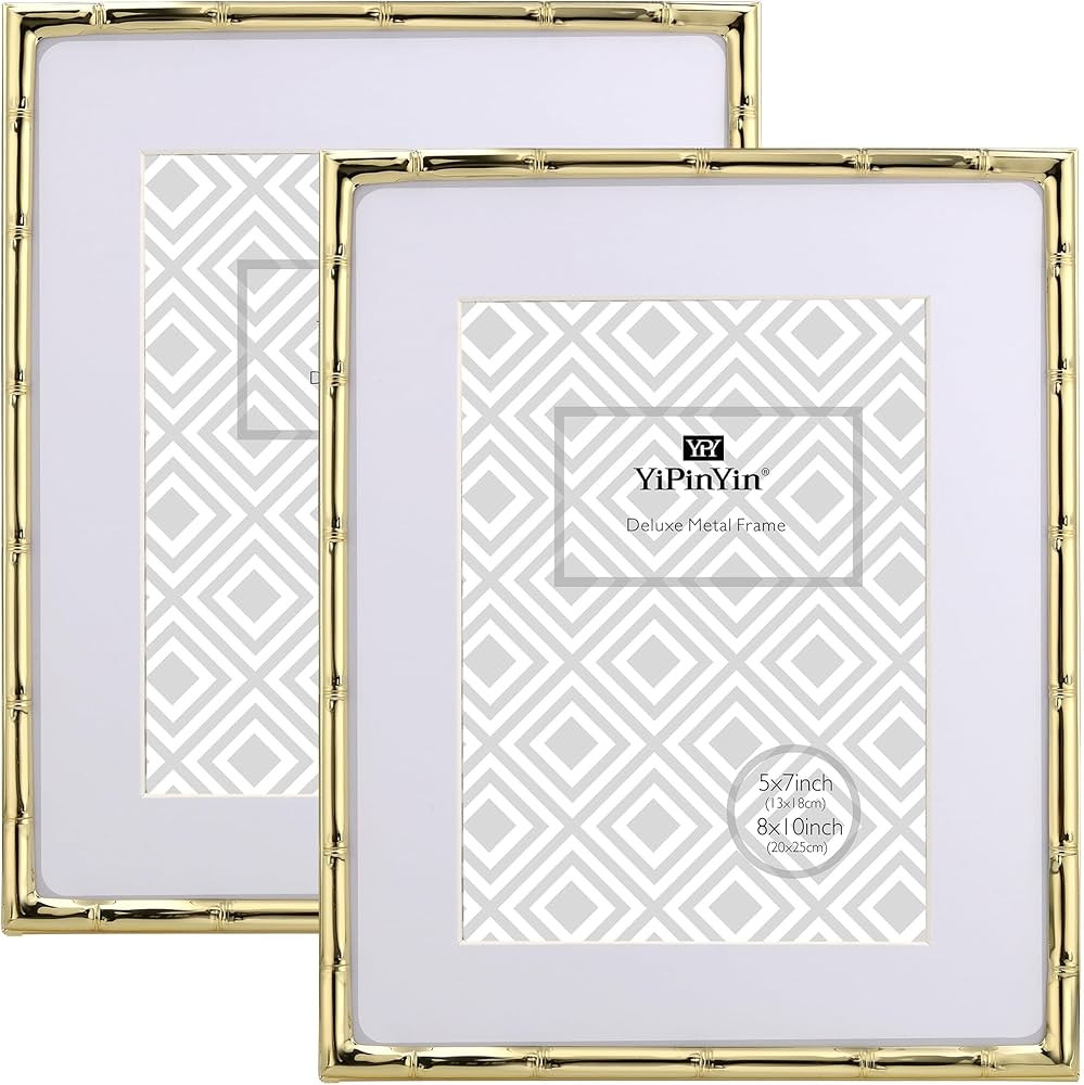 8x10'' Bamboo Detail Gold Metal Picture Frame with Mat for 5 X7'' Set of 2, Elegant Narrow Plated... | Amazon (US)