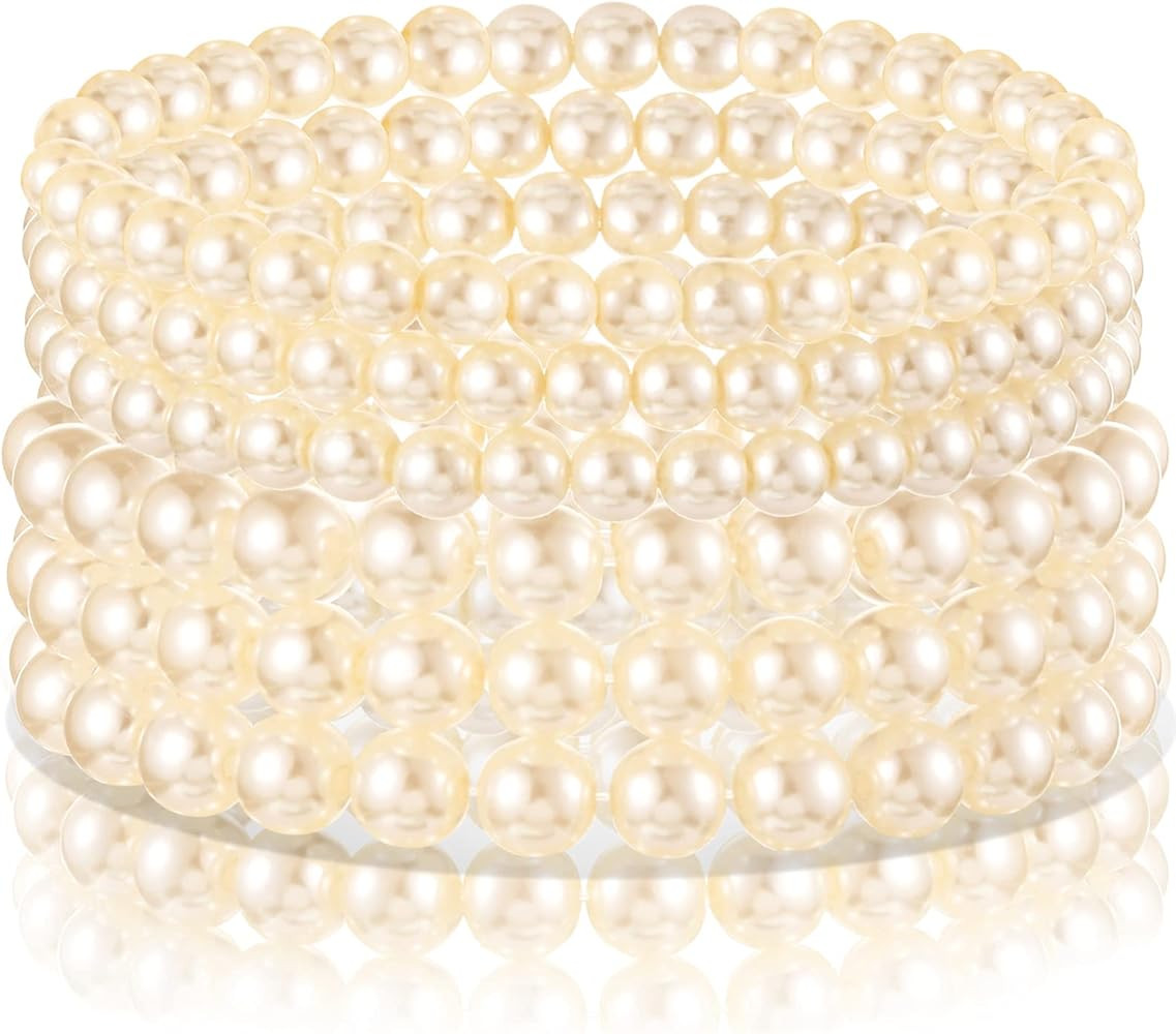 Hicarer 6 Pieces Faux Pearl Bracelet Set Stretch Bracelets Bridal Dancing Party Jewelry for Women... | Amazon (US)
