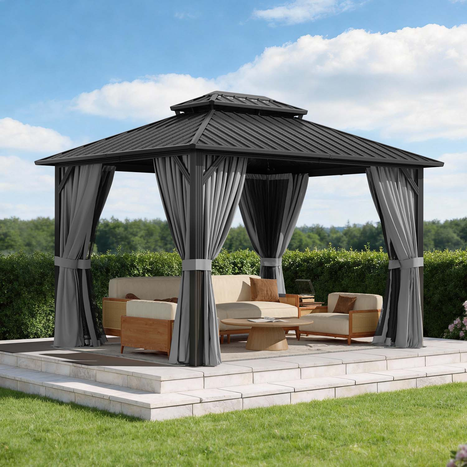 AOXUN 12-ft x 10-ft Outdoor Gazebos Gray Grill Gazebo with Hardtop Roof (Screen Included) | AX-0581210G27 | Lowe's