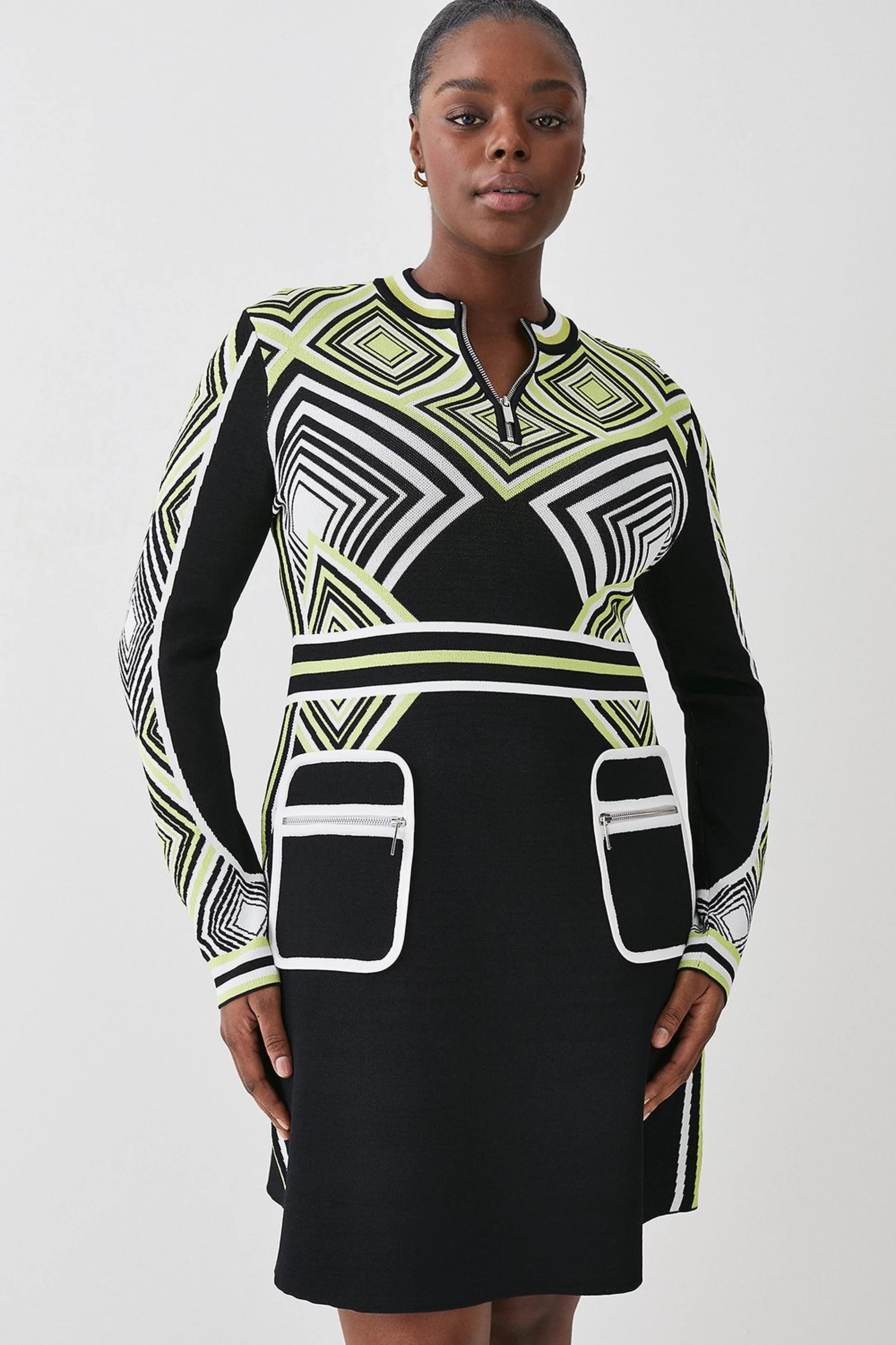 Plus Size Geo Jacquard Knit Fit And Flare Mini Dress | Karen Millen UK + IE + DE + NL