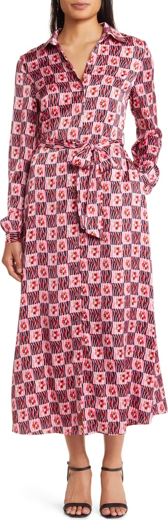 Floral Long Sleeve Tie Belt Satin Shirtdress | Nordstrom