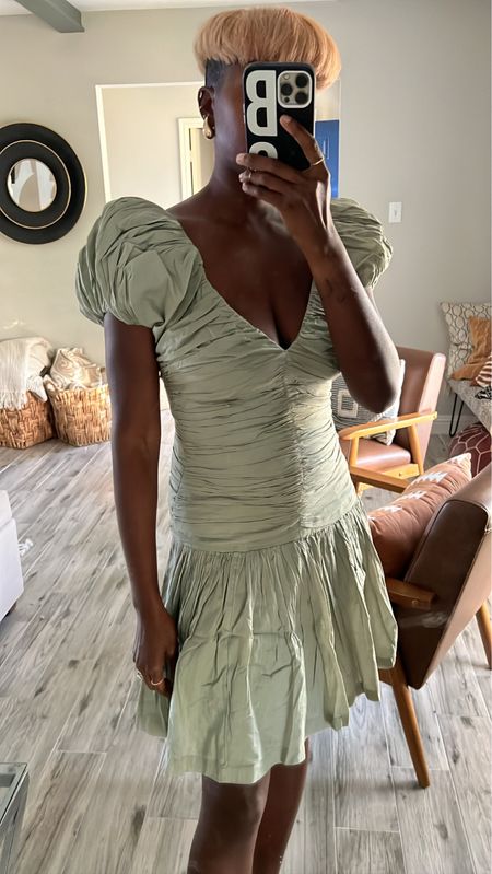Wedding dress guest dress  Sage green dramatic puff sleeve dress with ruching. I’m wearing my normal size small but I got a tall for added length. 

#LTKunder100 #LTKtravel #LTKwedding