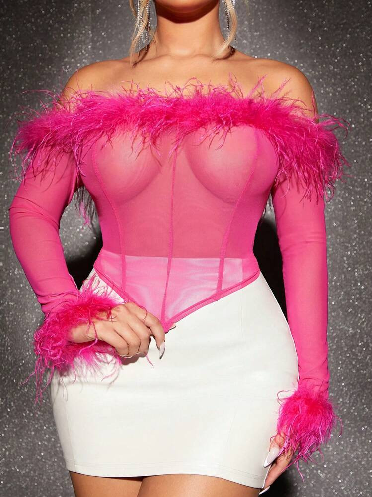 SHEIN SXY Fuzzy Trim Off Shoulder Fuzzy Trim Asymmetrical Hem Mesh Top | SHEIN