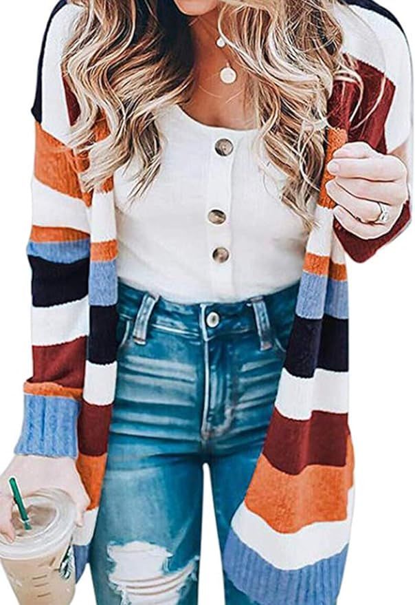 KIRUNDO Women’s Open Front Long Cardigan Strip Color Block Long Sleeves Lightweight Knit Fall O... | Amazon (US)