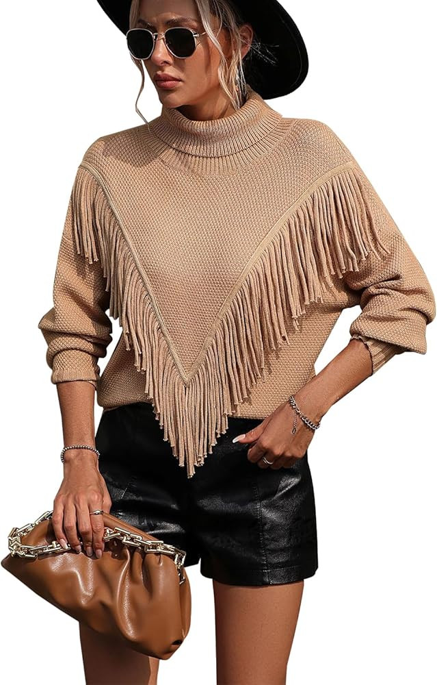yoeasy Women's Fringe Trim Turtleneck Long Seeve Sweater Knit Loose Pullover Sweater | Amazon (US)
