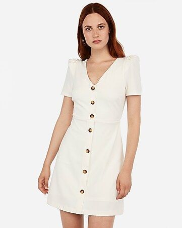 puff sleeve button front fit and flare dress | Express