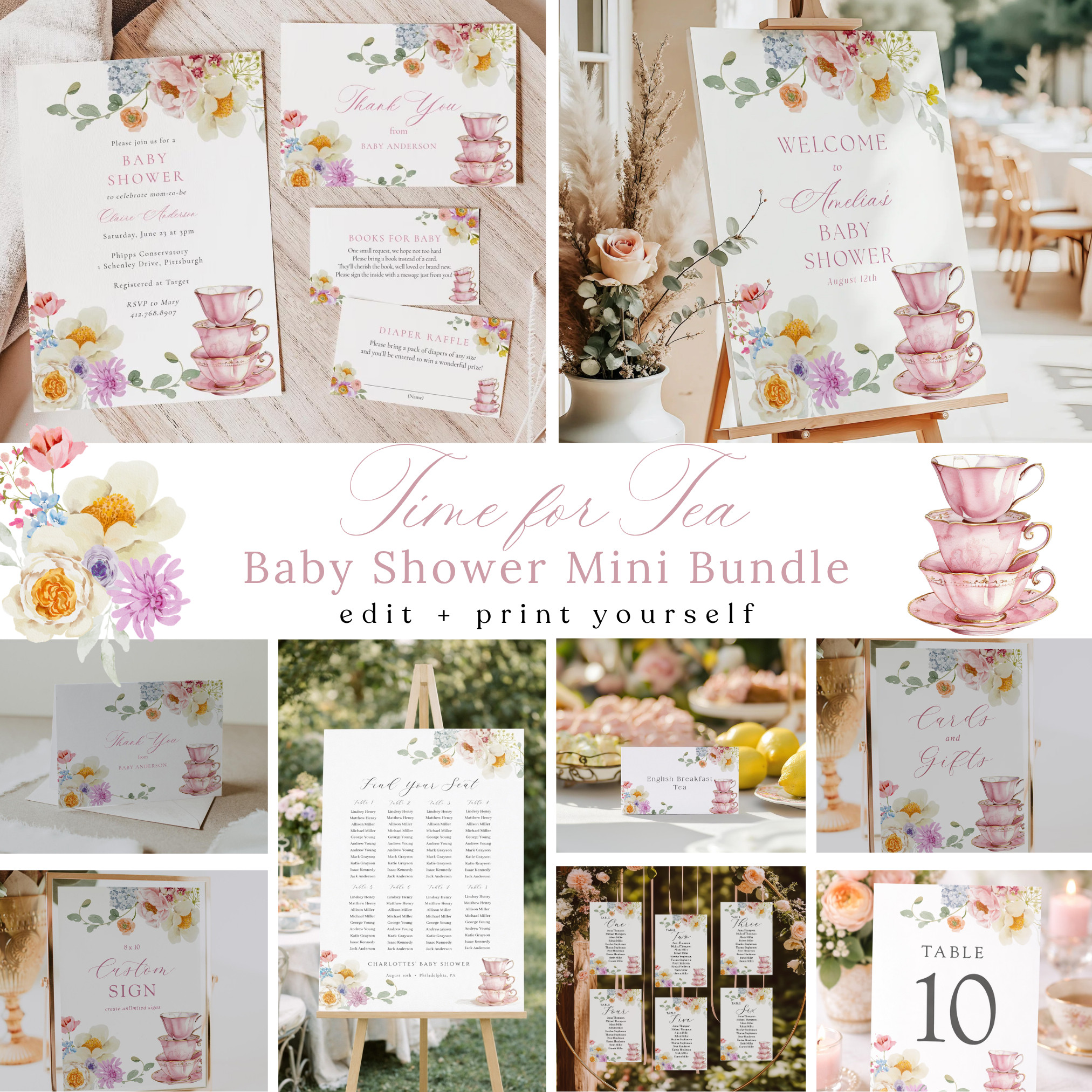 Everything you need for the sweetest tea party baby shower in one bundle ☕🌸
Invitation, signs, table cards, welcome display, seating chart, and more. 

 #LTKBaby #LTKBump