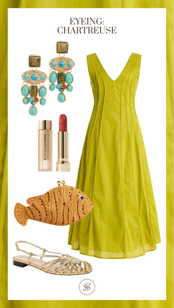 Summer dress 
Fish bag
Earrings 
Lipstick
Sandals