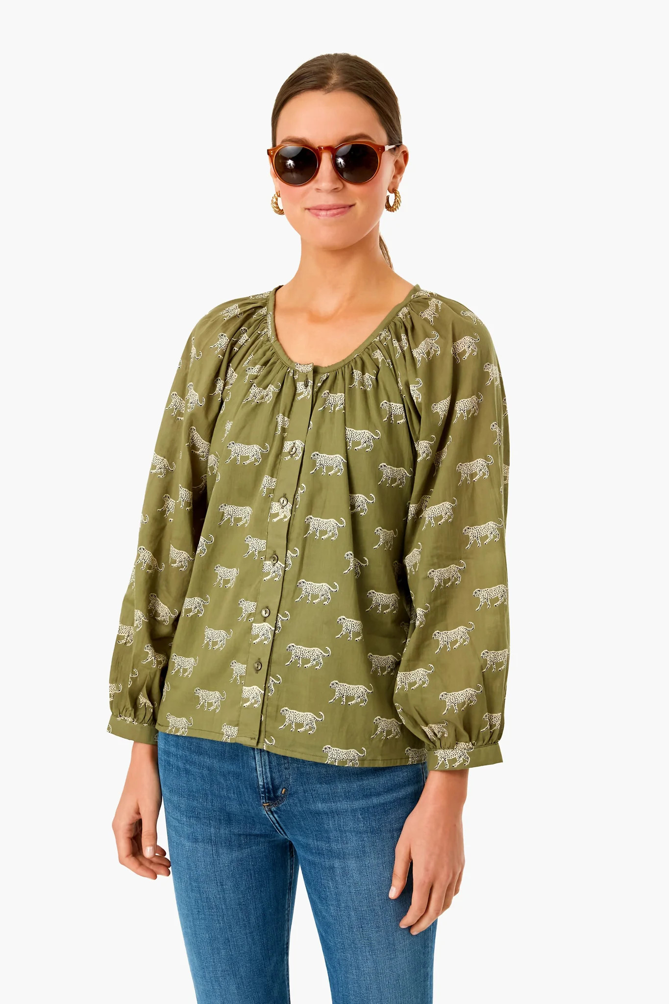 Olive Cheetah Organic Frances Blouse | Tuckernuck (US)