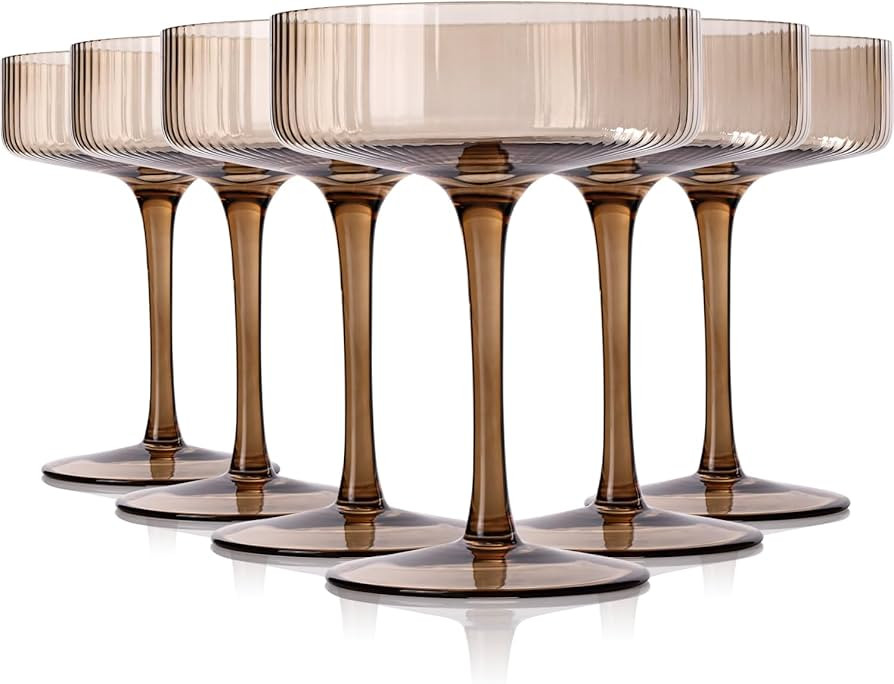 Smokey Sand coupe glasses Gray Vintage Art Deco Coupe Glasses Set of 6 Ribbed martini Cocktail Gl... | Amazon (US)