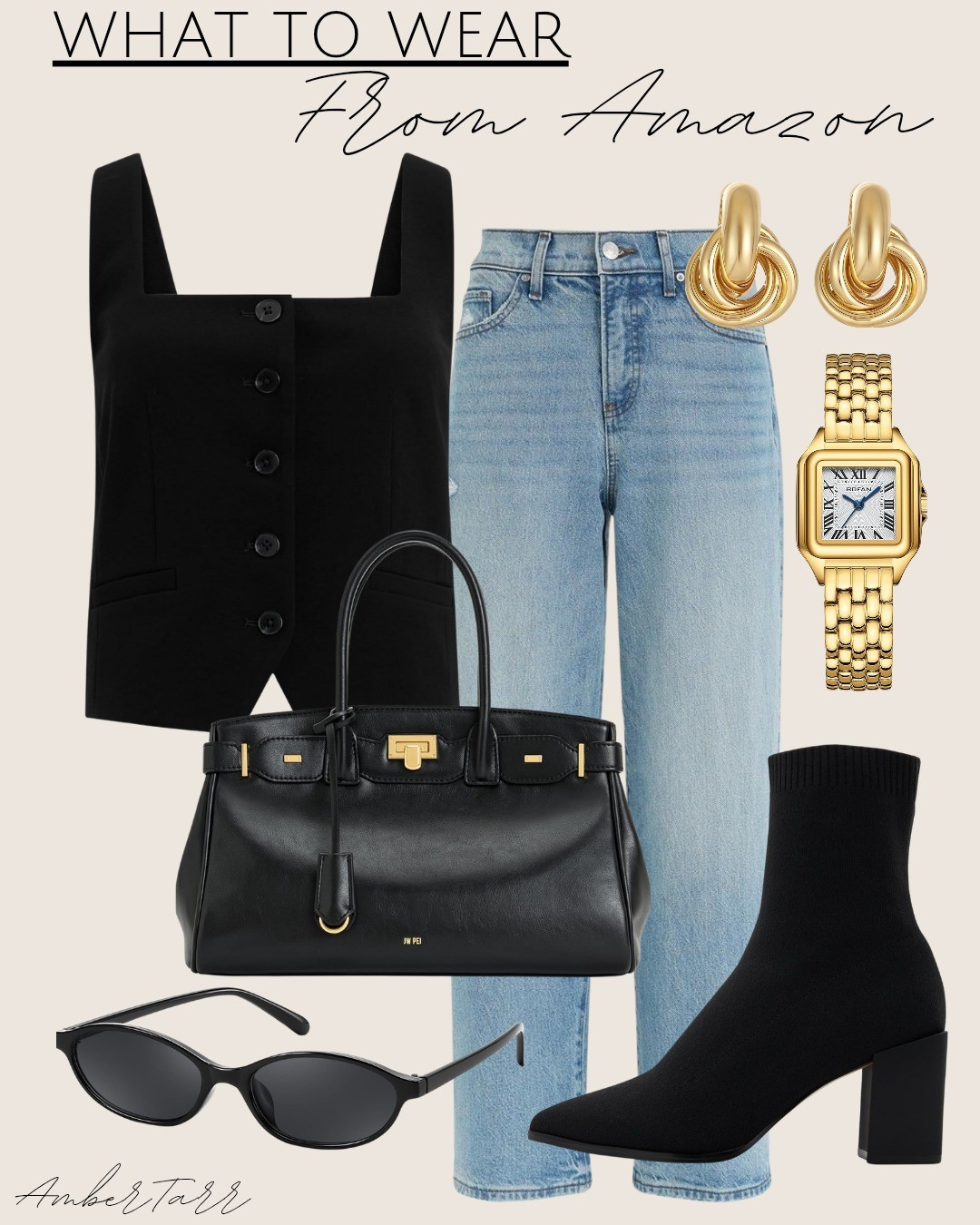 This elevated everyday outfit pairs a tailored black vest with classic straight-leg denim for a chic, modern silhouette. Gold statement earrings and a timeless gold watch add polish, while a structured black handbag and sleek ankle boots pull the look together. An easy formula for date night, casual meetings, or anytime you want a refined but effortless outfit.

#LTKNYFW #LTKOver40 #LTKootd